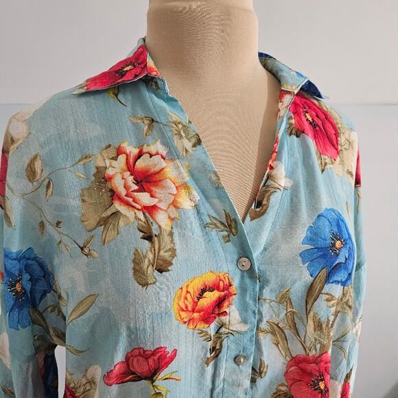 Umgee Tunic Floral Blue Red Long Sleeve Button Down Shirt Cotton Medium Boho - Picture 5 of 15